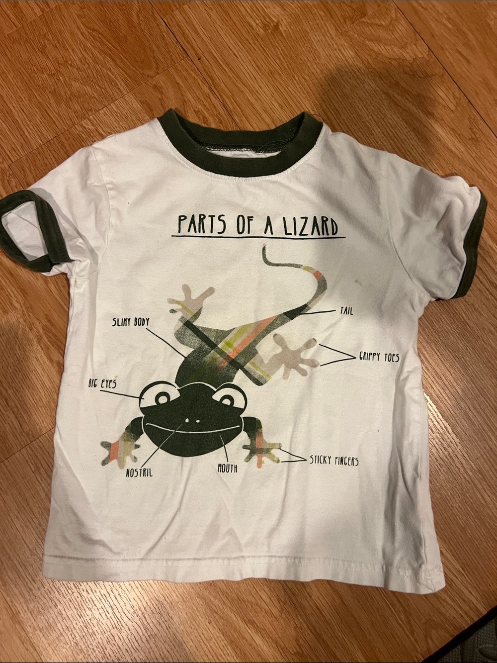 okie dokie White Tee with Olive Trim and Multicolor Lizard Graphic